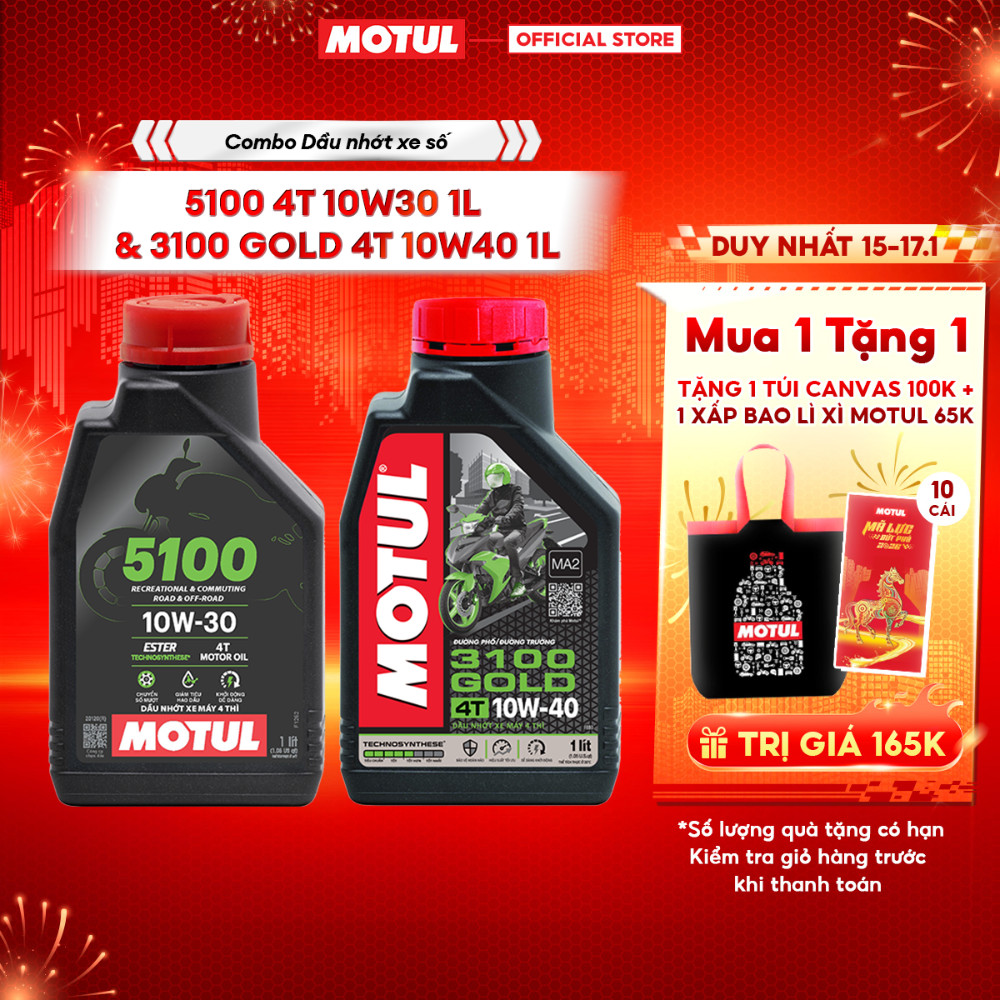 Combo Dầu nhớt xe máy MOTUL 5100 4T 10W30 1L và Dầu nhớt xe Máy MOTUL 3100 GOLD 4T 10W40 1L