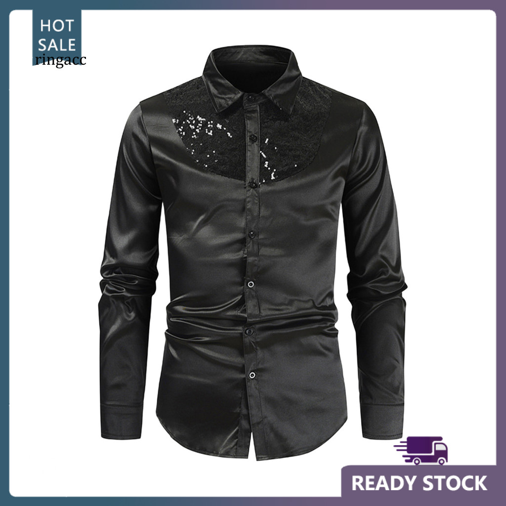 RGA Áo sơ mi nam kim sa lấp lánh phù hợp với vest và cardigan cổ xoay, lý tưởng cho tiệc khiêu vũ, c