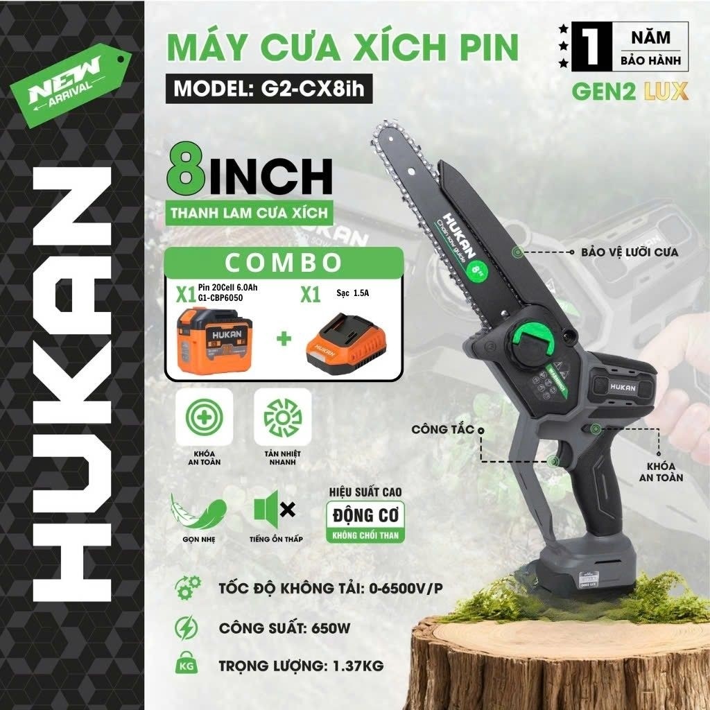 Máy Cưa Xích Pin Hukan G2-CX8ih Động Cơ Không Chổi Than Chân Pin Phổ Thông- HUKAN VIỆT NAM