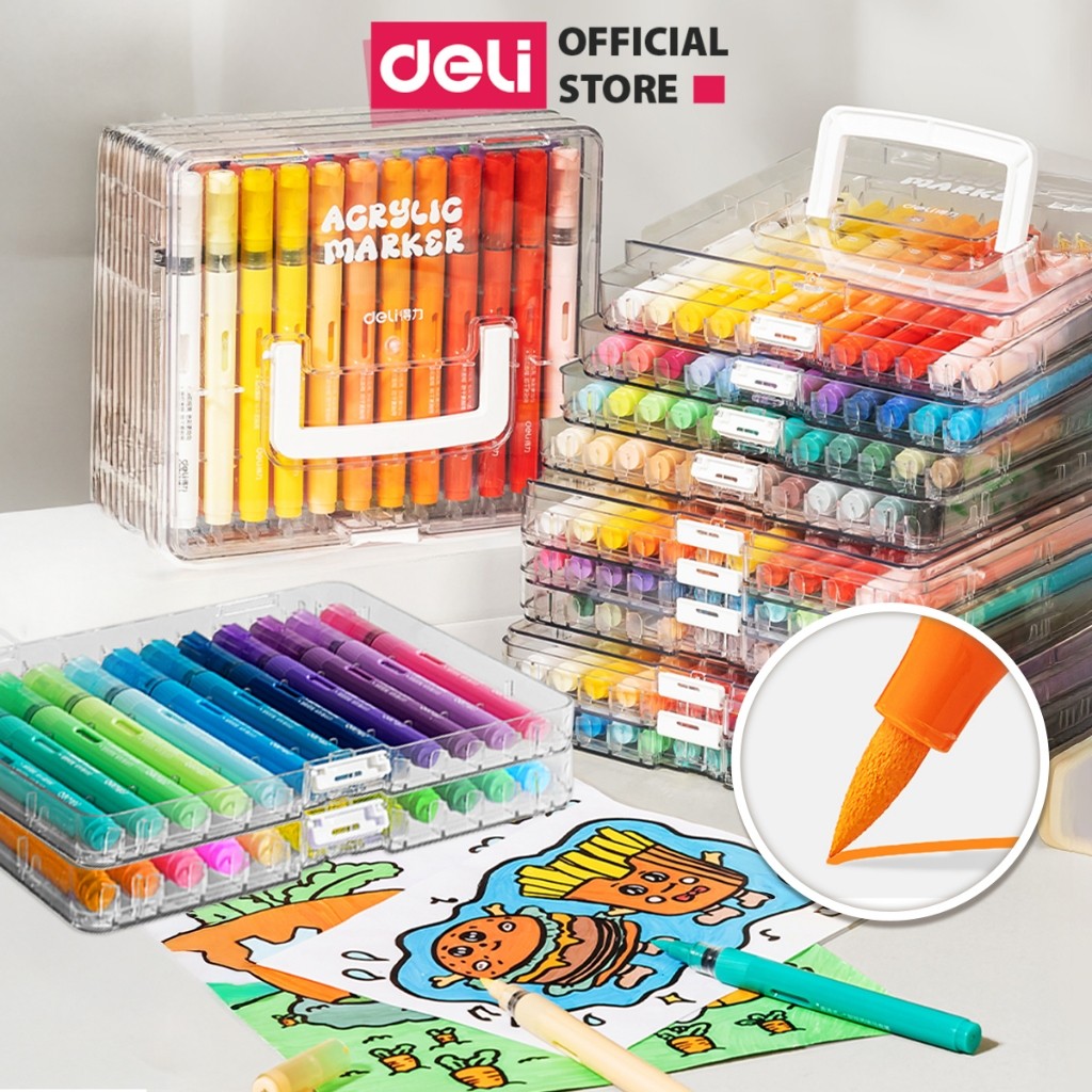 Bút Sơn Màu Acrylic Maker Deli x Nusign Dạng Roller Hộp Nhựa 24/36/48/60/72/84 Màu Vẽ Được Trên Mọi 