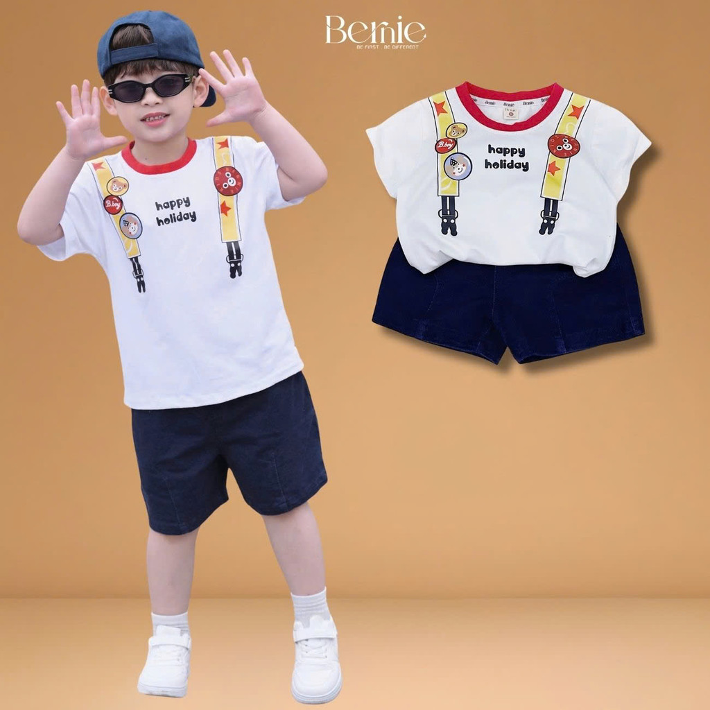 Set bộ tay ngắn bé trai áo cotton phối quần short da cá Happy Holiday 9tới 28kg BERNIE KIDS T1125B03