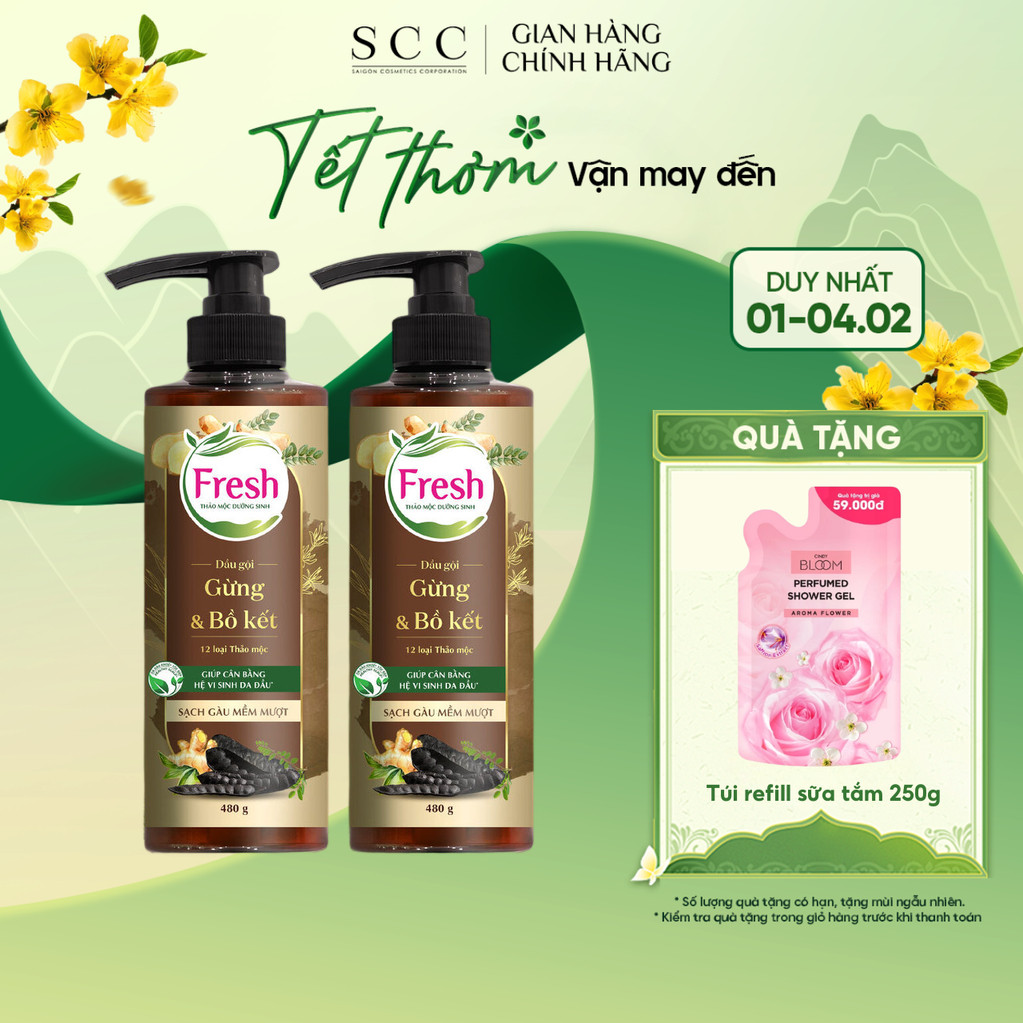Combo 2 Chai Dầu Gội FRESH Thảo Mộc Dưỡng Sinh - Sạch Gàu Mềm Mượt 480g/chai