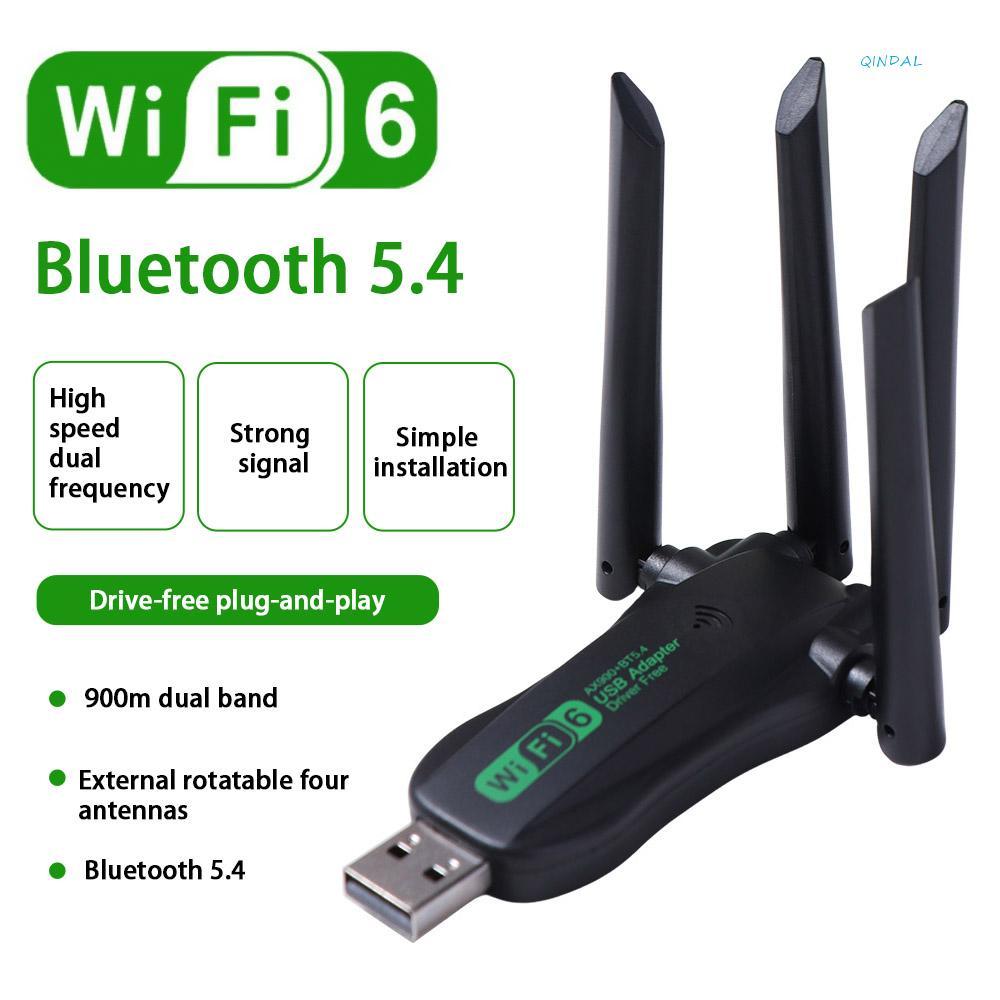 Bộ chuyển đổi USB WiFi6 băng tần kép QINDAL, Bluetooth 5.4 2.4G / 5Ghz 900Mbps WiFi Dongle, Plug Pla
