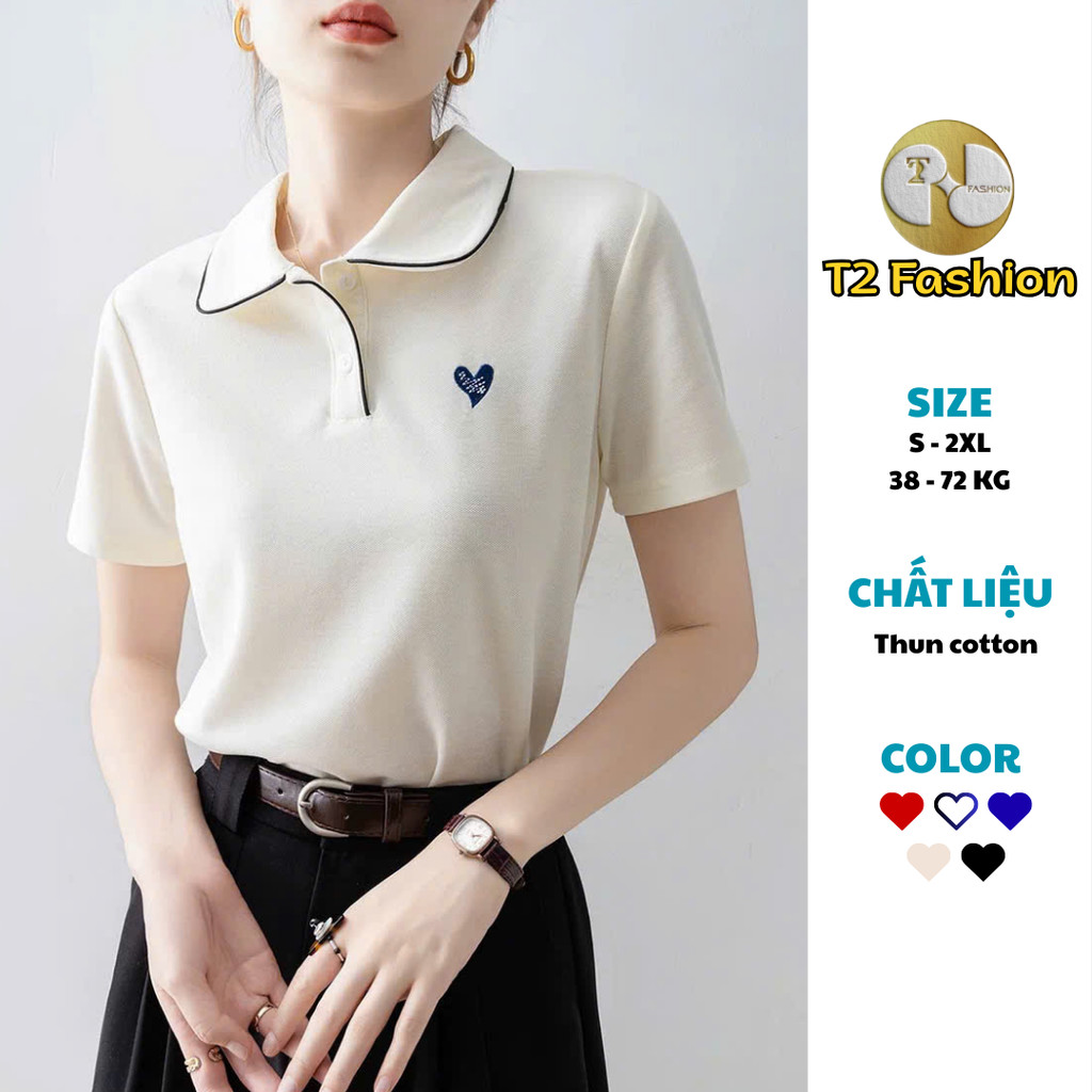 Áo Polo Nữ Thêu Trái Tim Cổ Viền Thiết Kế Thanh Lịch, Trẻ Trung T2602 - T2 Fashion