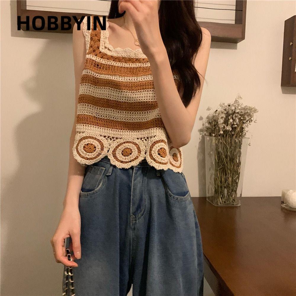 ÁoCrop Top Hobb Yin, Vest Không Tay Thêu Họa Tiết Retro, Thời Tràng Thanh Lịch