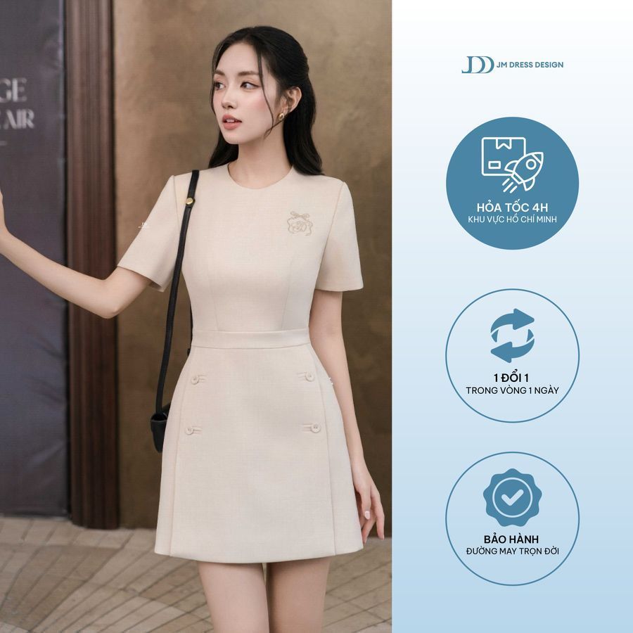Đầm cổ tròn thêu ngực, chân tà bung 1S31.2504K, váy ngắn dáng a thanh lịch công sở trẻ trung hiện đạ