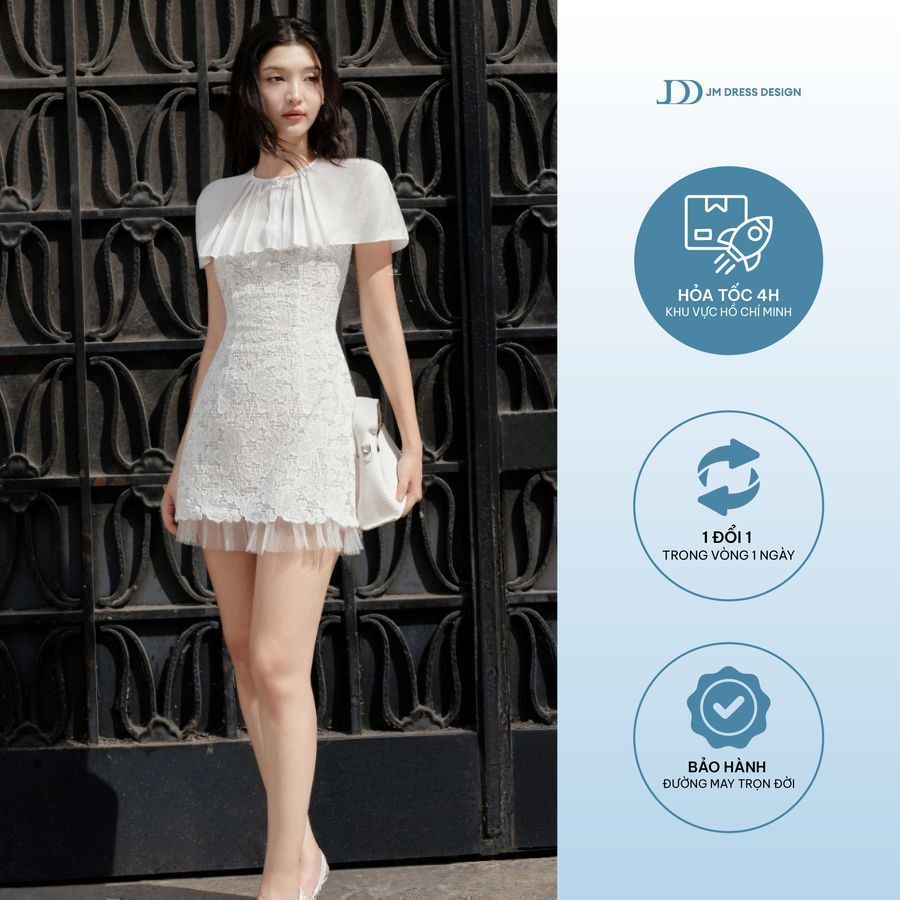 Đầm quây ren chân rập ly phối cape sang trọng gợi cảm 1P05.2506L. Váy ren dự tiệc thiết kế bởi JM Dr