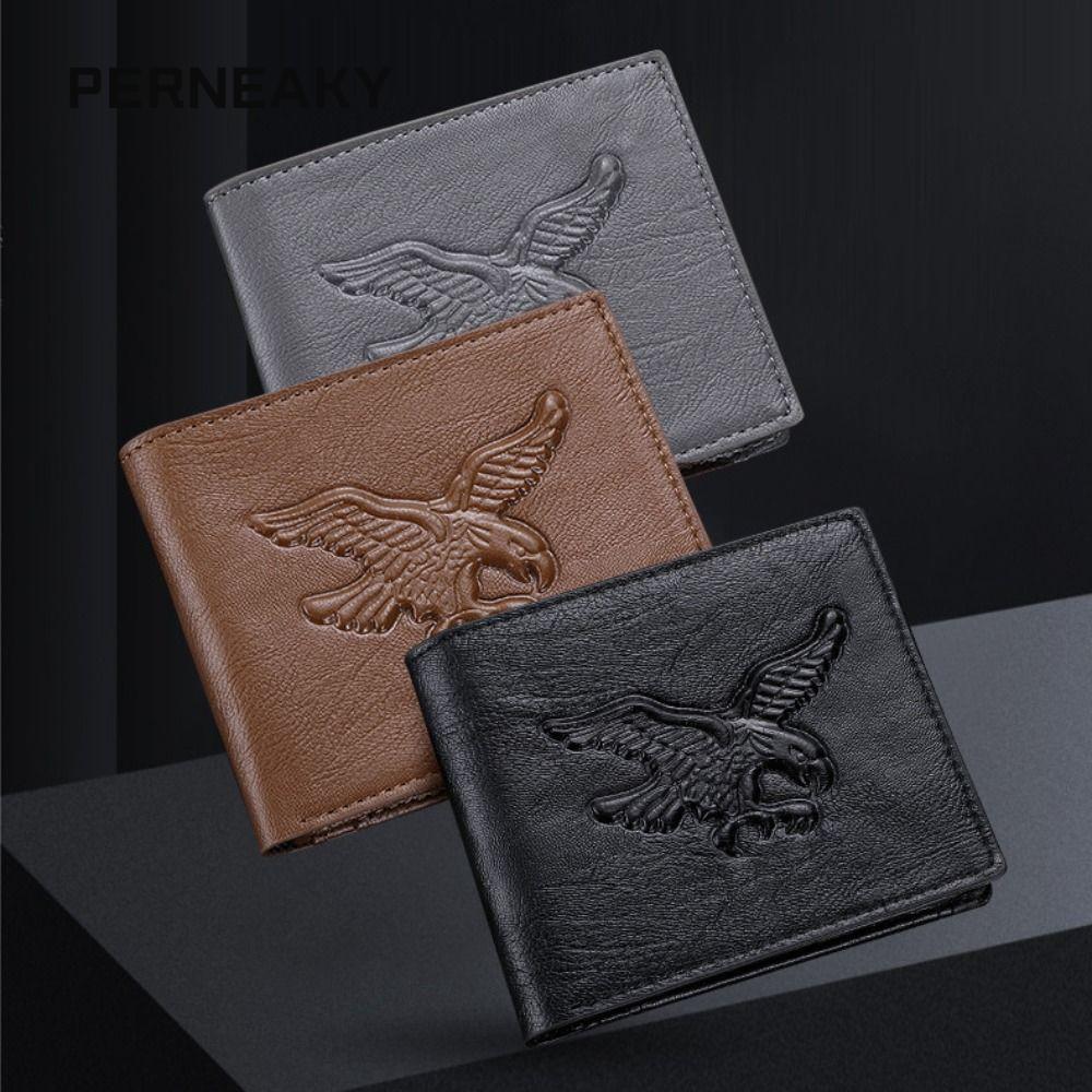 Ví ngắn nam PENEAKY, Ví thiết kế da PU màu đen xám nâu, thời trang Eagle Relief Pattern Thẻ tín dụng