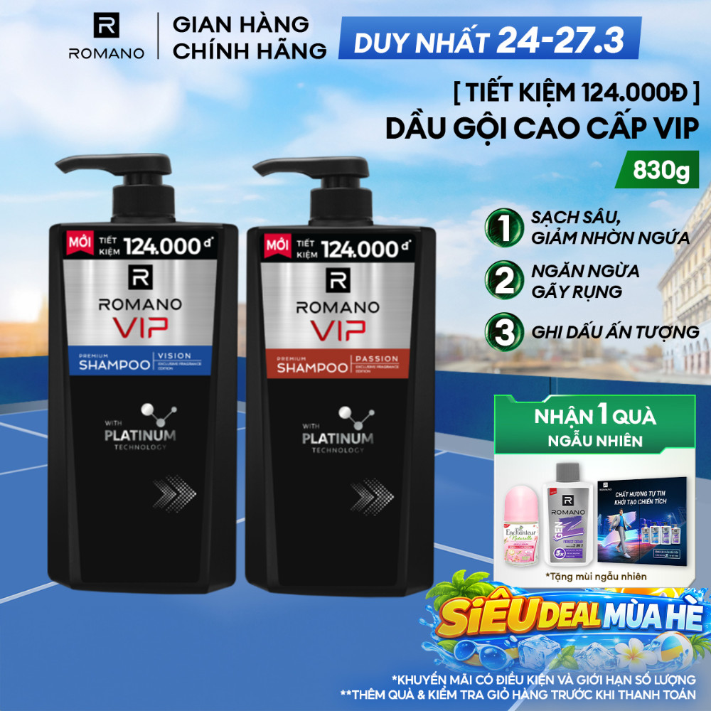 [Dung Tích Lớn] Dầu gội nam Cao Cấp Romano VIP Passion / Vision mùi Hương Bí Ẩn Nam Tính 830G