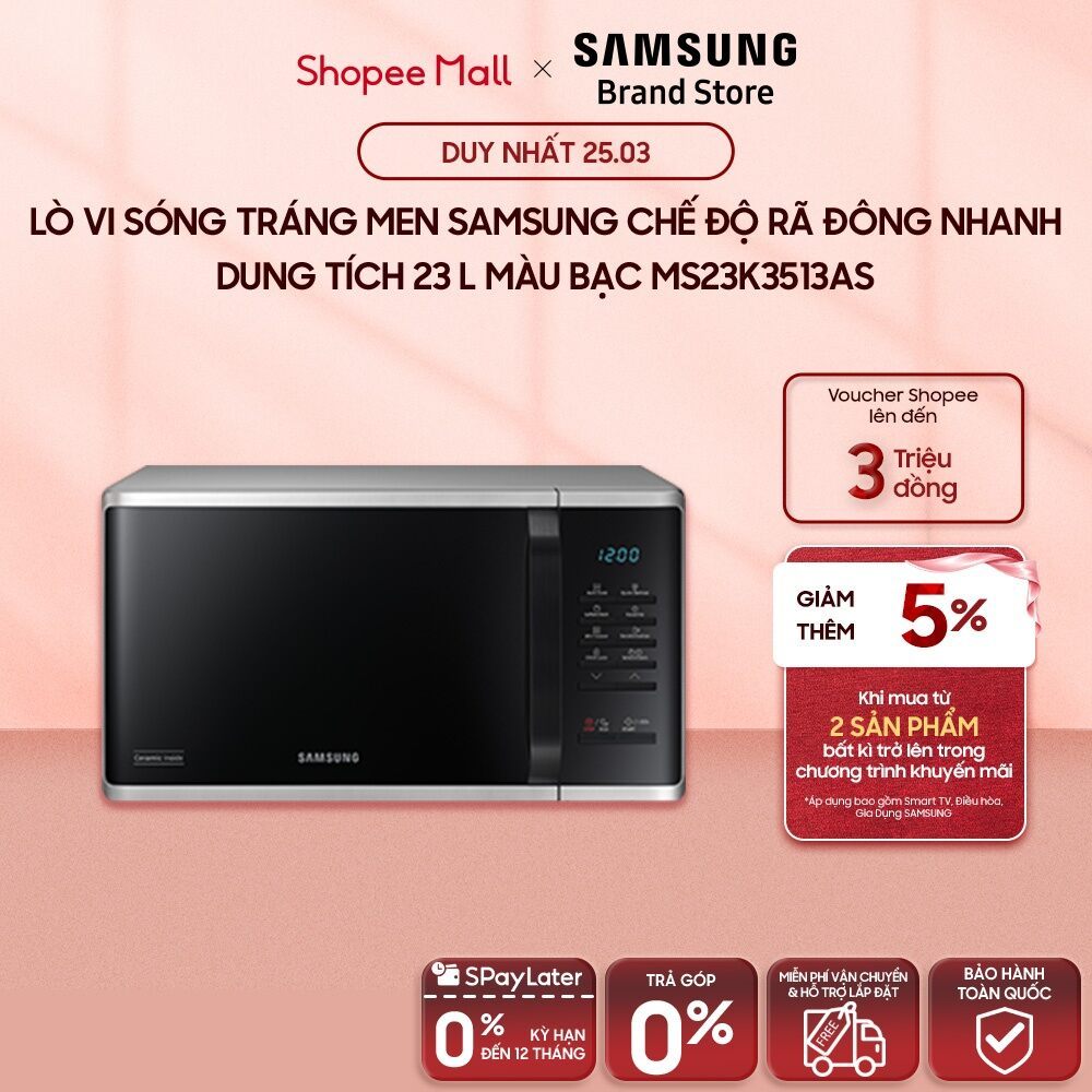 [MIỄN PHÍ VẬN CHUYỂN] Lò vi sóng tráng men Samsung Chế độ Rã đông nhanh Dung tích 23 L Màu Bạc MS23K3513AS
