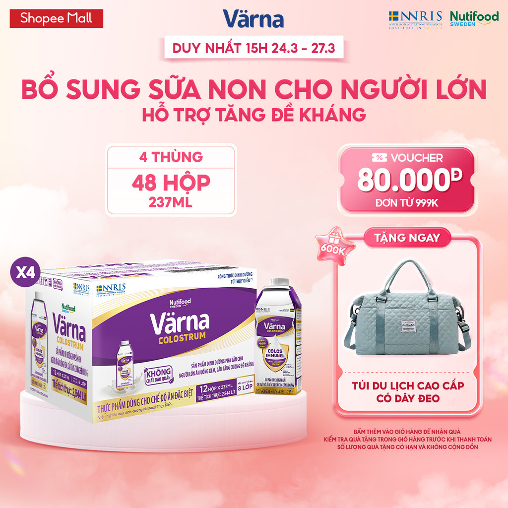 Combo 4 Thùng Sữa Bột Pha Sẵn Varna Colostrum (48 Hộp GIấy X 237ml) Bổ Sung Sữa Non Tăng Đề Kháng Cho Người Lớn