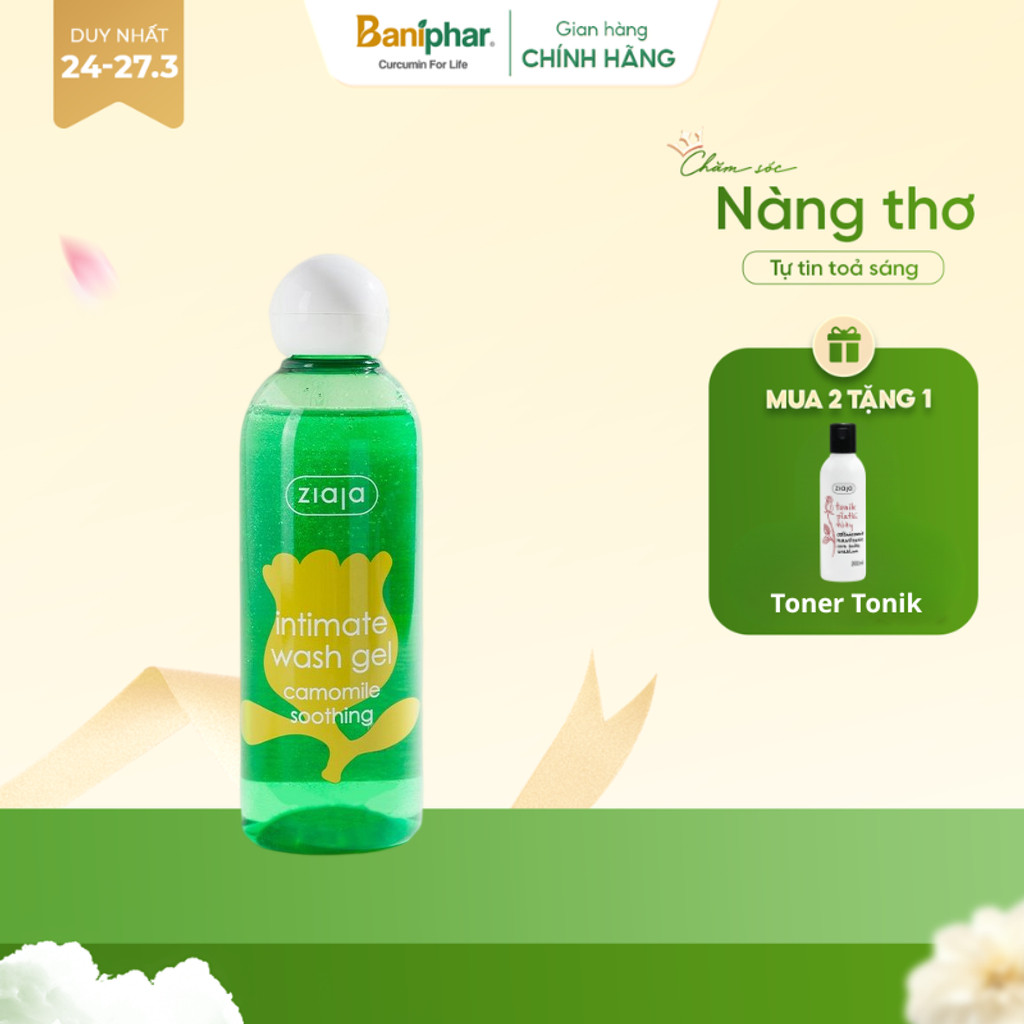 Dung dịch vệ sinh phụ nữ Intimate Ziaja Ba Lan Cúc La Mã dịu nhẹ cân bằng pH tự nhiên, dưỡng ẩm sâu,