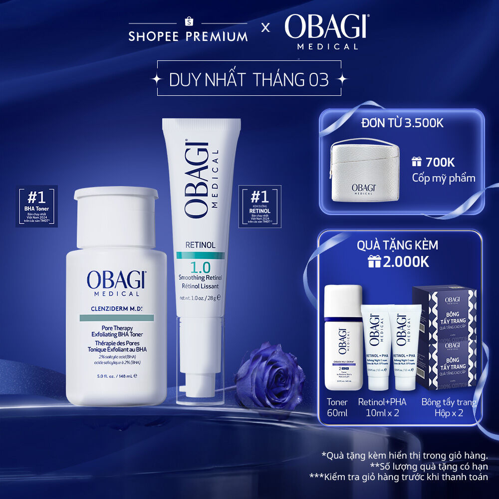 Bộ đôi dưỡng da Toner BHA Giảm Mụn Obagi Clenziderm M.D 148ml và Kem Chống Lão Hóa & Tái Tạo Da 360 Retinol 1.0 28g
