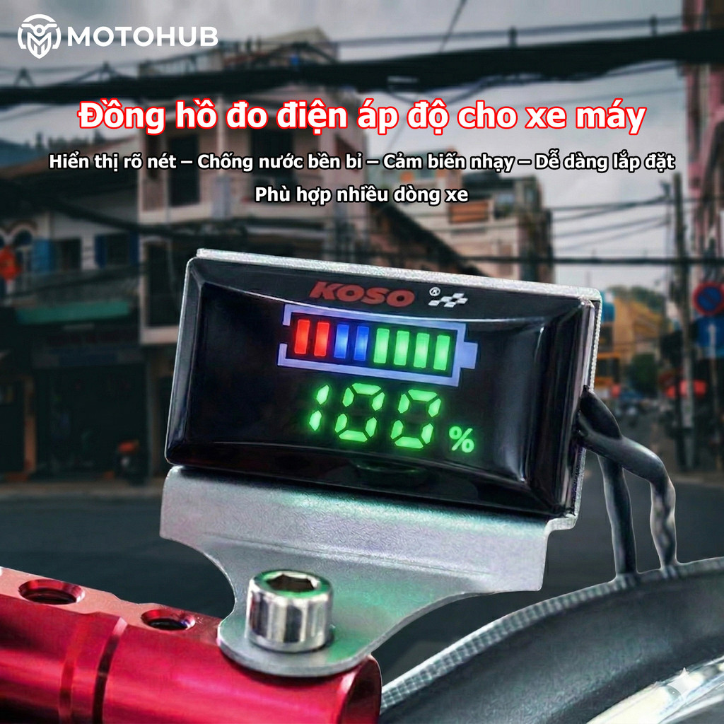 Đồng hồ đo volt Koso V2 7–100V – Kèm pat gắn, hiển thị % điện áp chính xác