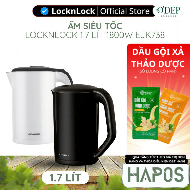 Ấm siêu tốc 1.7L 1800W LocknLock Chính Hãng đun sôi nhanh, lõi Inox chống ăn mòn EJK738BLK - BH 2 NĂ