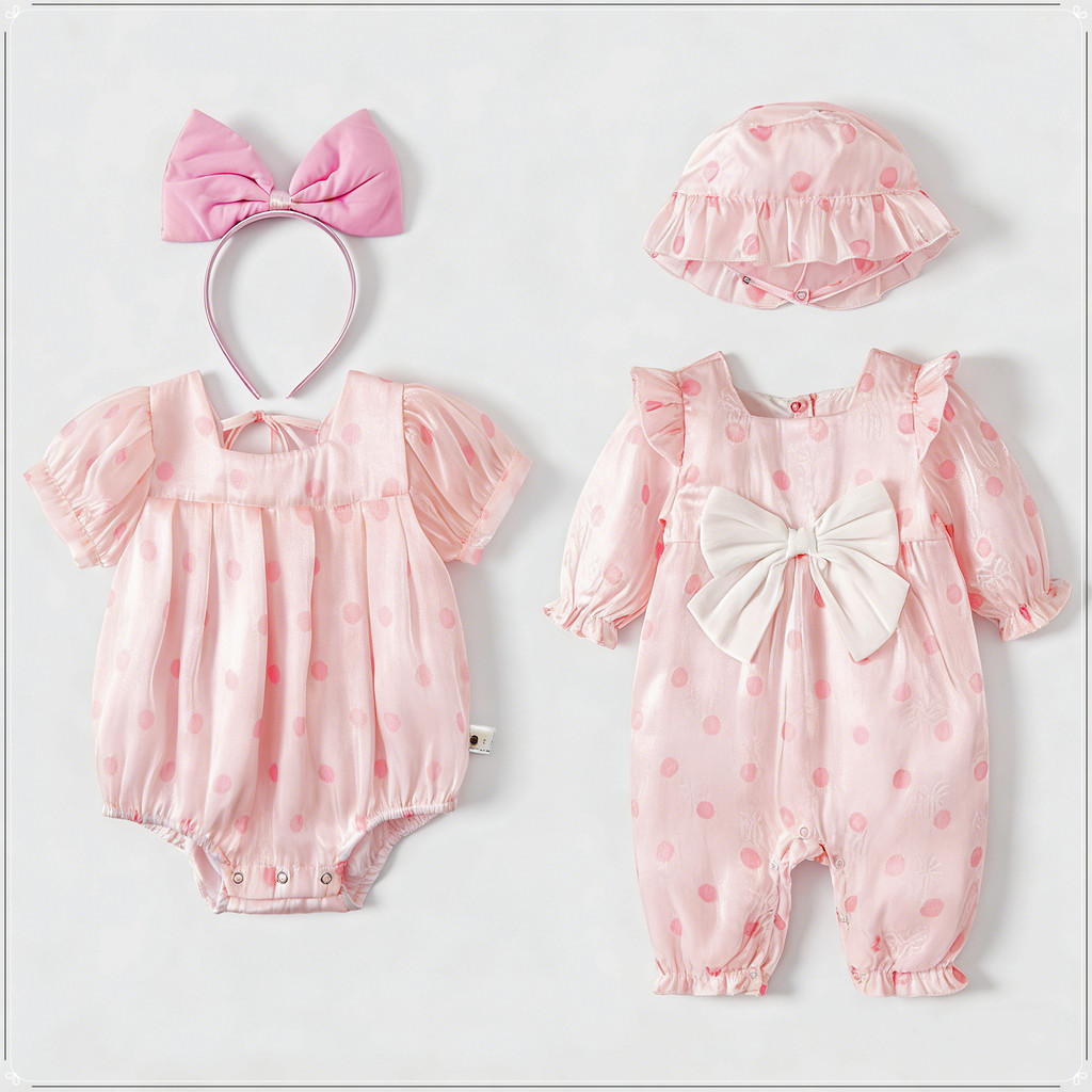 Bộ trang phục chấm bi màu hồng BaBaby Girls - Bộ áo liền quần tay bong bóng 2 kiểu & áo liền quần dà