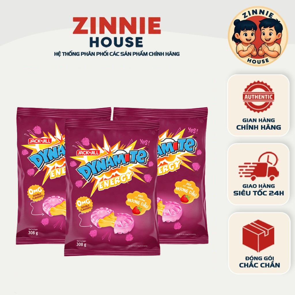 [MẪU MỚI] Kẹo Tăng Lực Dynamite Energy Nhân Dâu (Gói 308g) – Vị Dâu Ngọt Dịu, Nhân Trái Cây Bùng Nổ
