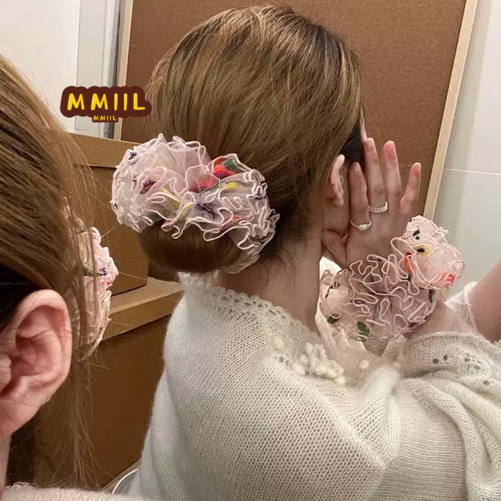 Dây buộc tóc Scrunchie HIFUN hoa, phong cách quirky, vòng tròn thêu lưới