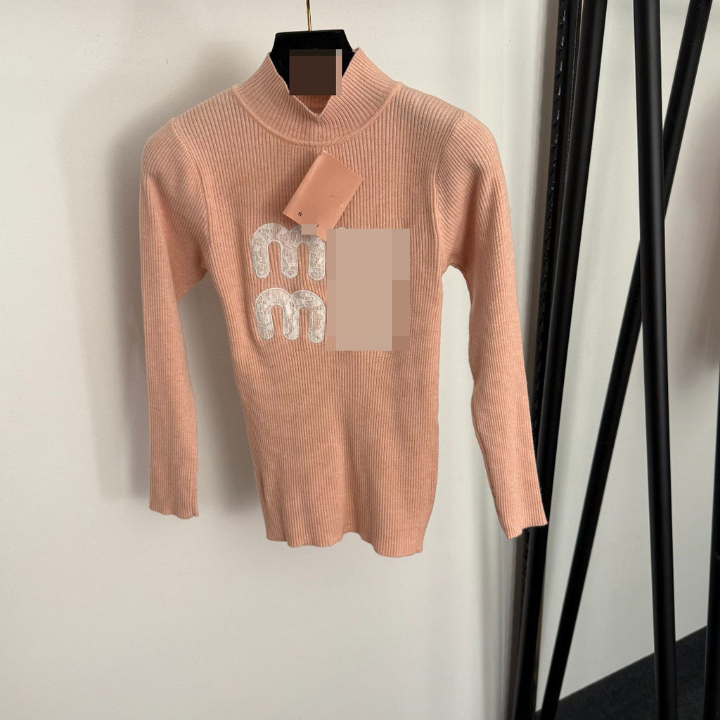 AXCR M-U / Miu-M Autumn and Winter Women Lace logo Embroidered Half Turtleneck Slim Fit Long Sleeve 