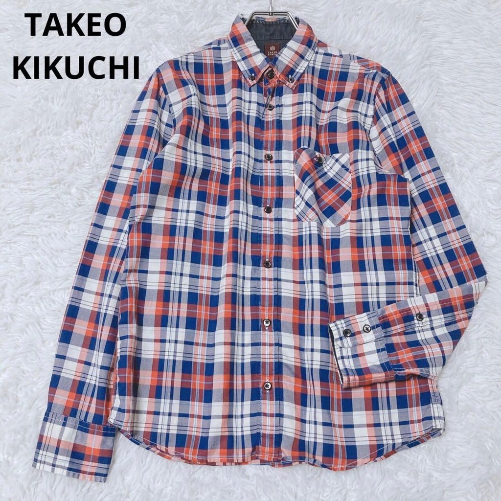 Takeo Kikuchi long-sleeved shirt, checkered, button-down, color-coordinated, casual, size 2