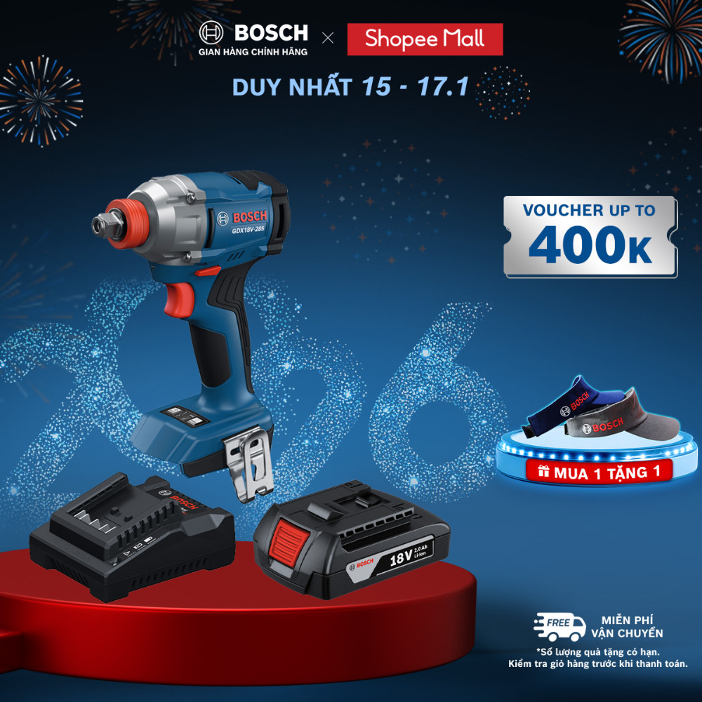 Máy bắt ốc vít dùng pin Bosch GDX 18V-285 (SOLO) + Pin GBA 2.0Ah / Bộ Sạc GAL 18V-20 (MỚI)