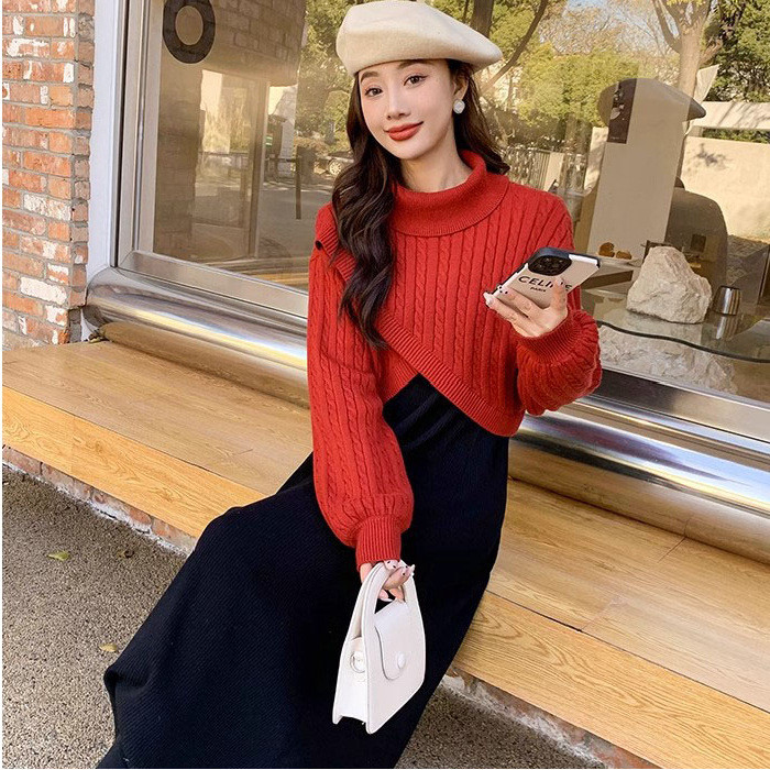 áo croptop len tay dài áo croptop len tăm Áo Len Thời Trang Thu Đông, Màu Đỏ Chui Đầu Tay Dài Cho Nữ