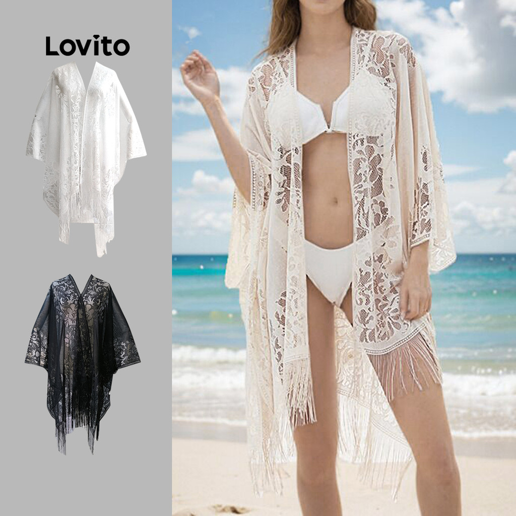 Lovito Boho Kimono Xuân/Hè đen Kimono cho Nữ LNE130X065