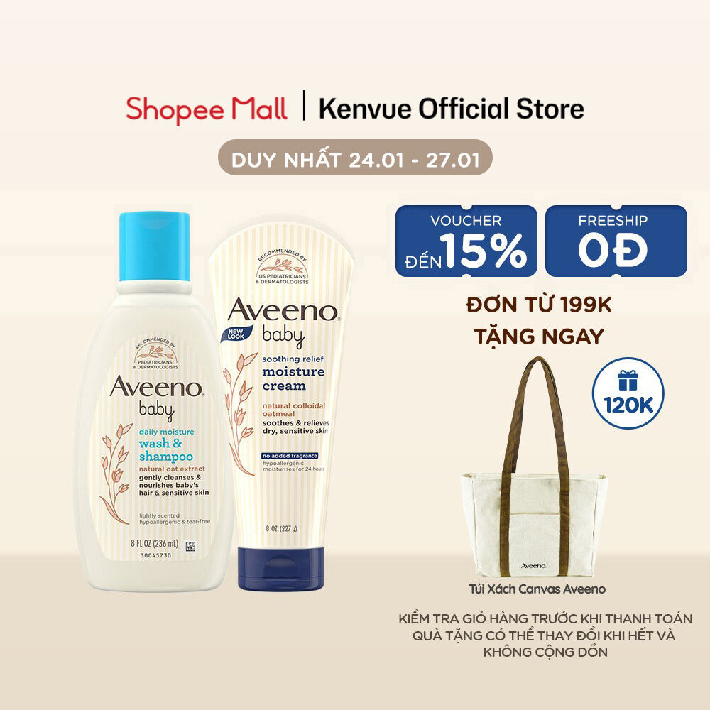Bộ làm sạch & kem dưỡng ẩm dành cho em bé da nhạy cảm Aveeno Baby Daily Moisture (227g+236ml)