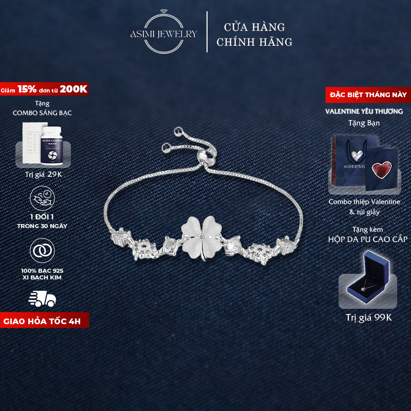 Lắc tay bạc rút cỏ 4 lá Asimi, vòng tay bạc ý S925 nữ xi bạch kim sang trọng Fortune Leaf LT31