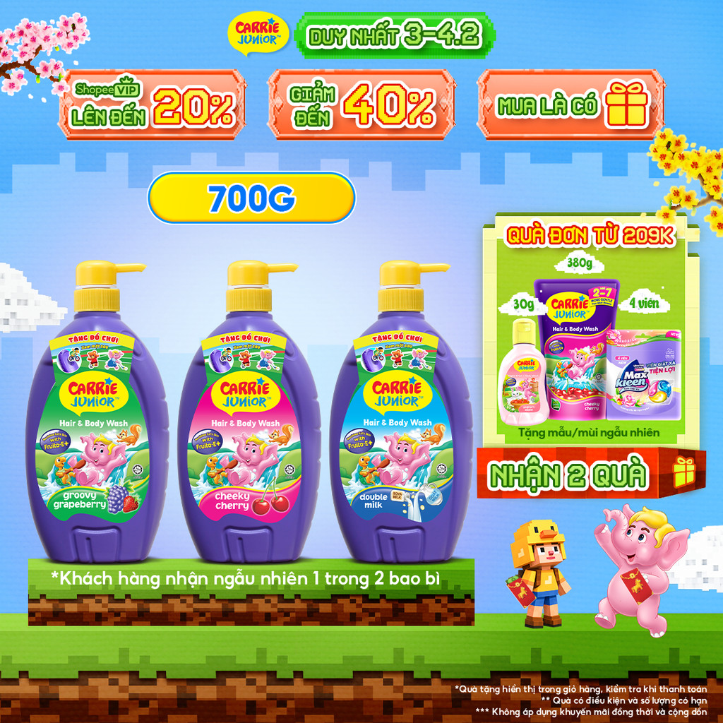 Chai Sữa Tắm Gội cho bé Carrie Junior hương trái cây thiên nhiên 700g - 3 mùi hương