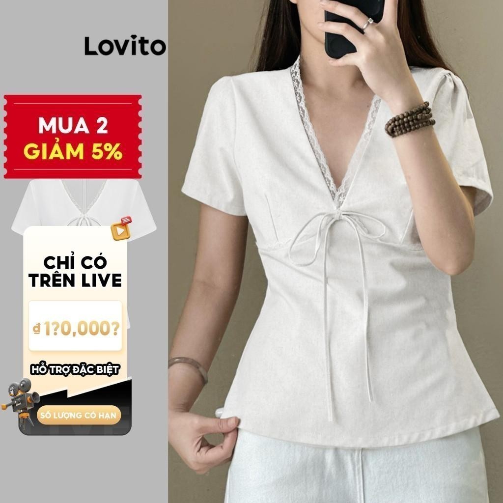 (Live Hosts' pick) Lovito Áo Sơ Mi Thanh Lịch Trơn Ruffle Cổ Ren Áo Cho Nữ L120ED139
