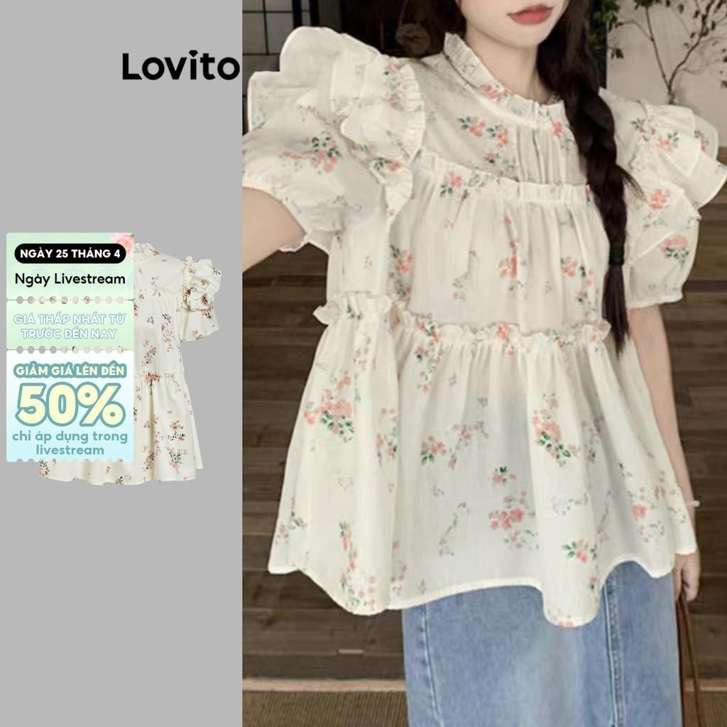 Lovito Áo kiểu giản dị Váy hoa kỳ nghỉ Ruched Ruffle Áo dành cho nữ LNE20173 (Nhiều màu)