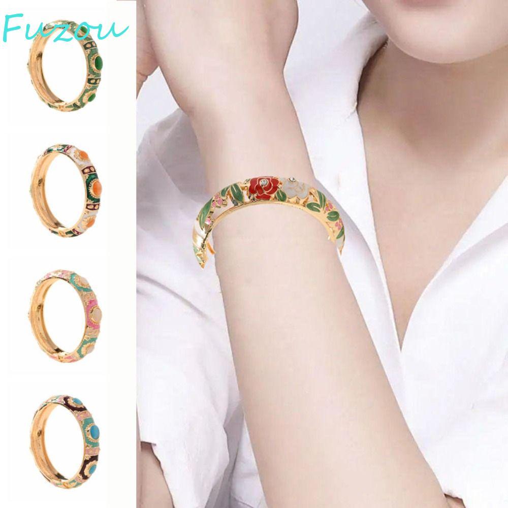 FUJIOU Vintage Cloisonne Lắc Tay, Men Đôi Lắc Tay Rỗng Ra Hoa Lắc Tay, Lắc Tay Trên Tay Cổ Điển Cổ Đ