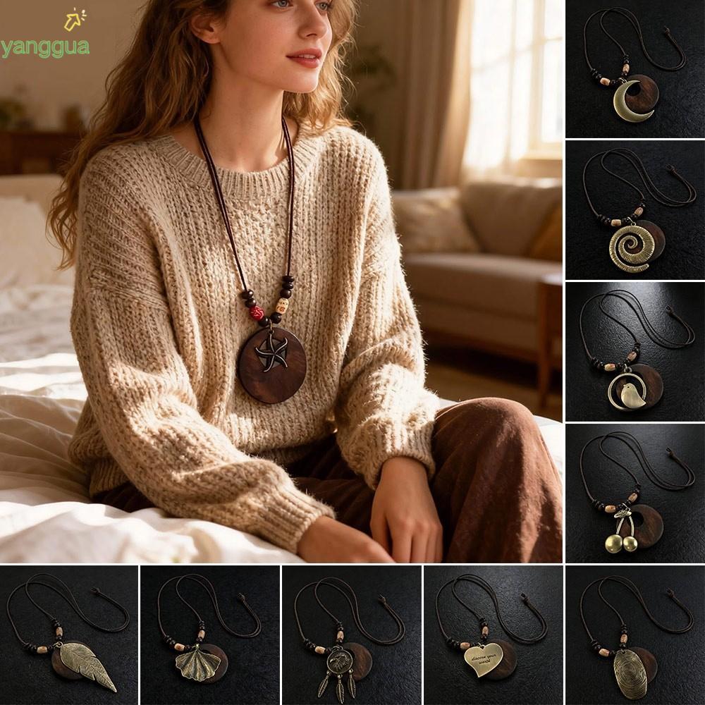 Vòng cổ YANGGUA style boho cổ điển, mặt gỗ lá rỗng và dây da thủ công, phù hợp nam giới