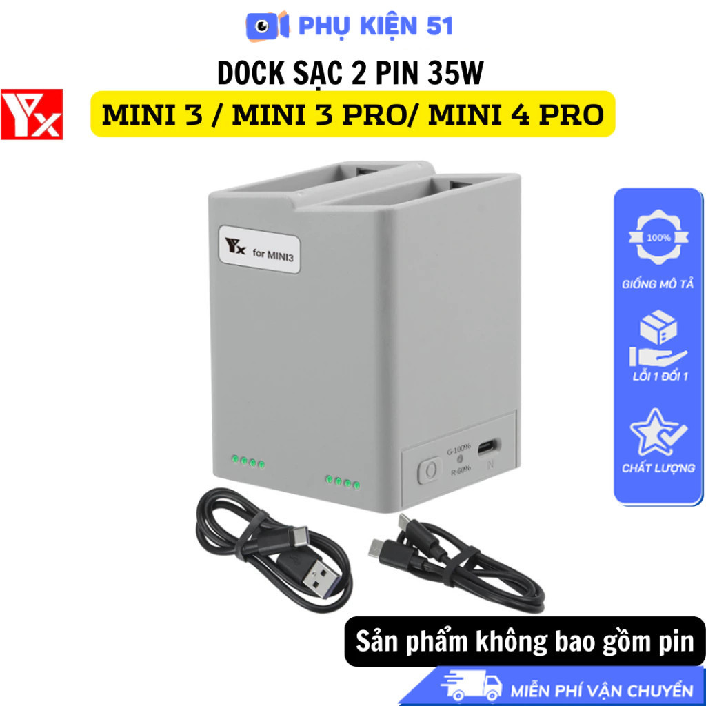 Hub sạc YX 2 khe pin DJI Mini 3 / Mini 3 pro/ Mini 4 Pro tối đa 35 W 2 chiều