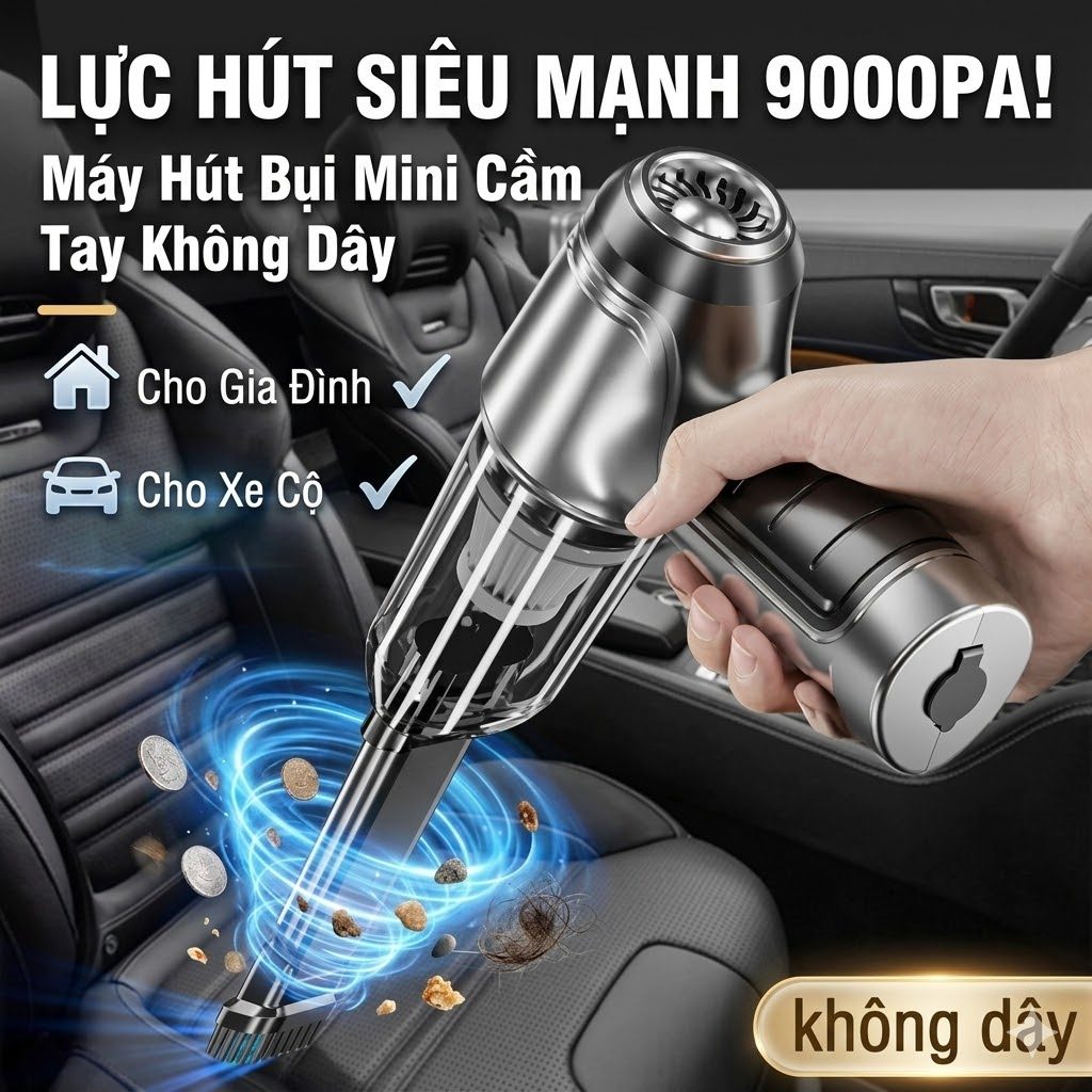 Máy Hút Bụi Ô Tô Xe Hơi Mini 9000PA - 3 Trong 1 Cầm Tay Không Dây, Hút Bụi Bàn Phím Sofa