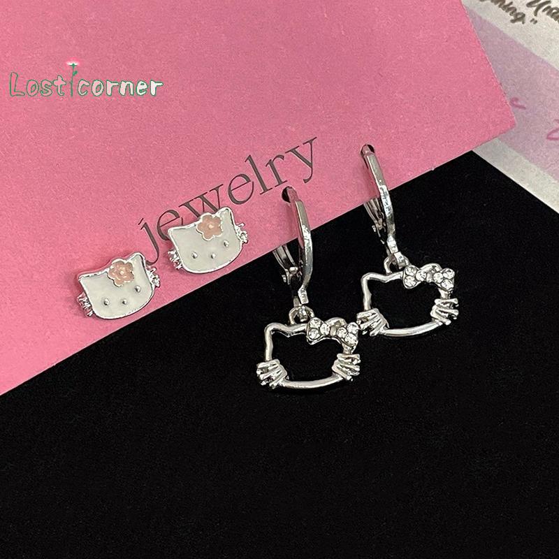 Lostcorner Anime Sanrio Hello Kitty Earings - Phong cách Y2K Hàn Quốc, ngọt ngào cho trang sức dự ti