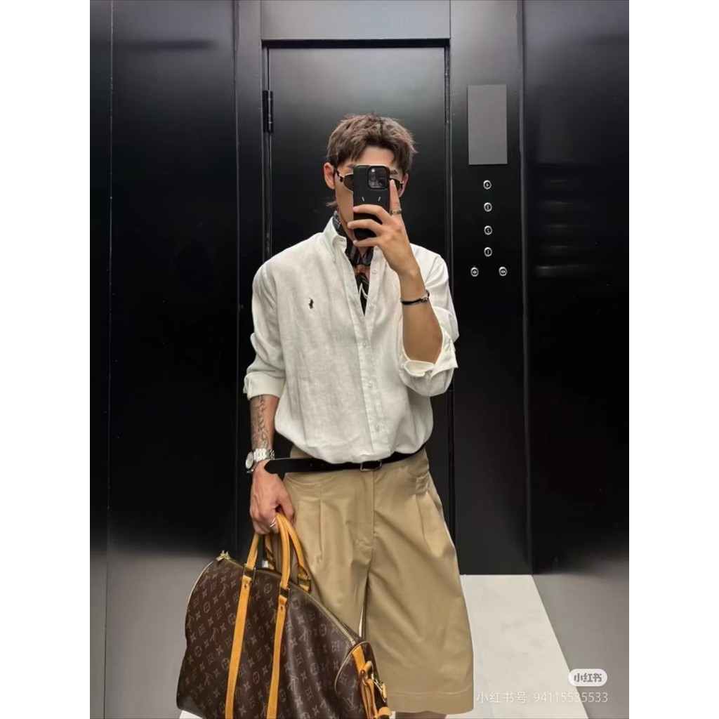 KZTB RL Linen-cotton long-sleeve casual shirt with pony embroidery, available for men with QR code s