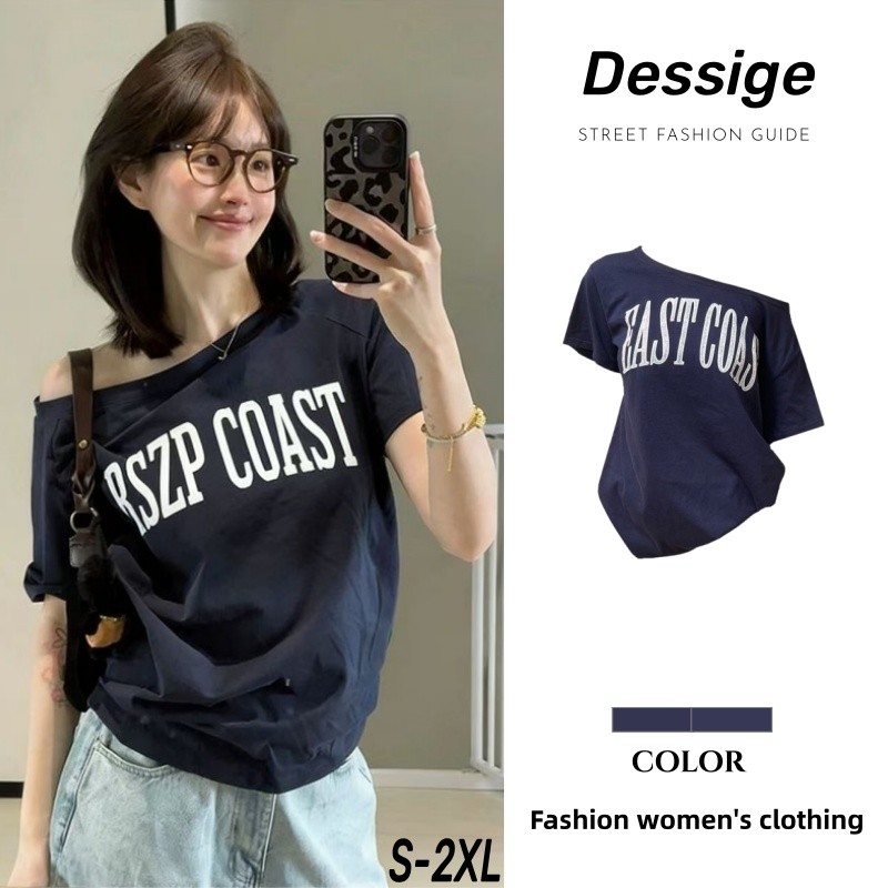 Áo lệch vai Áo thun nữ Oversize tay ngắn retro Mỹ cho phụ nữ mùa hè