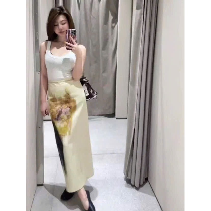 [Có sẵn] Váy midi hoa vàng belt vải