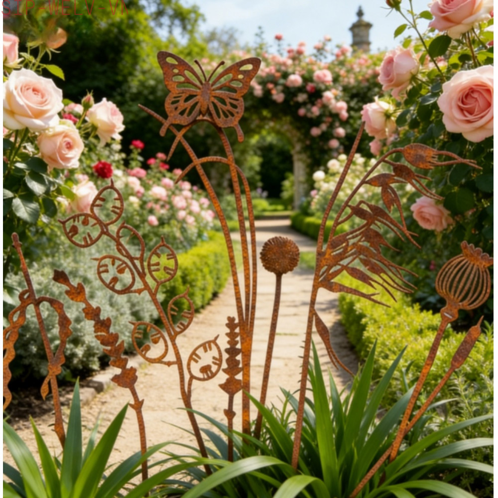 {WELV}Metal Garden Flowers Iron Metal Construction Rust Patina Finish 9 Unique Designs