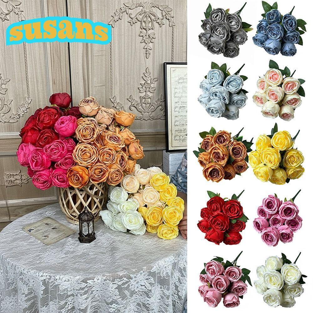 Hoa hồng nhân tạo SUSANS, 9 đầu lá xanh mô phỏng hoa hồng, cánh hoa lụa nhiều màu sáng tạo Cảnh quan