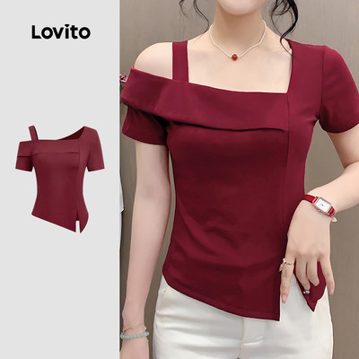 Áo thun Lovito thanh lịch bất đối xứng hở vai xẻ trước mùa xuân/hè màu đỏ rượu phong cách cho nữ L178ED632