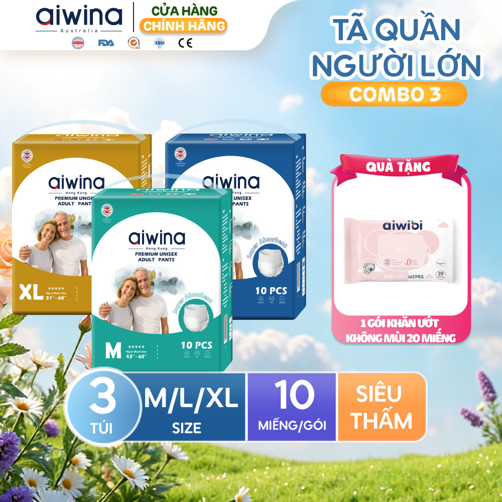 Combo 3 Tã quần người lớn Aiwina siêu thấm hút size M/L/XL túi 10 miếng