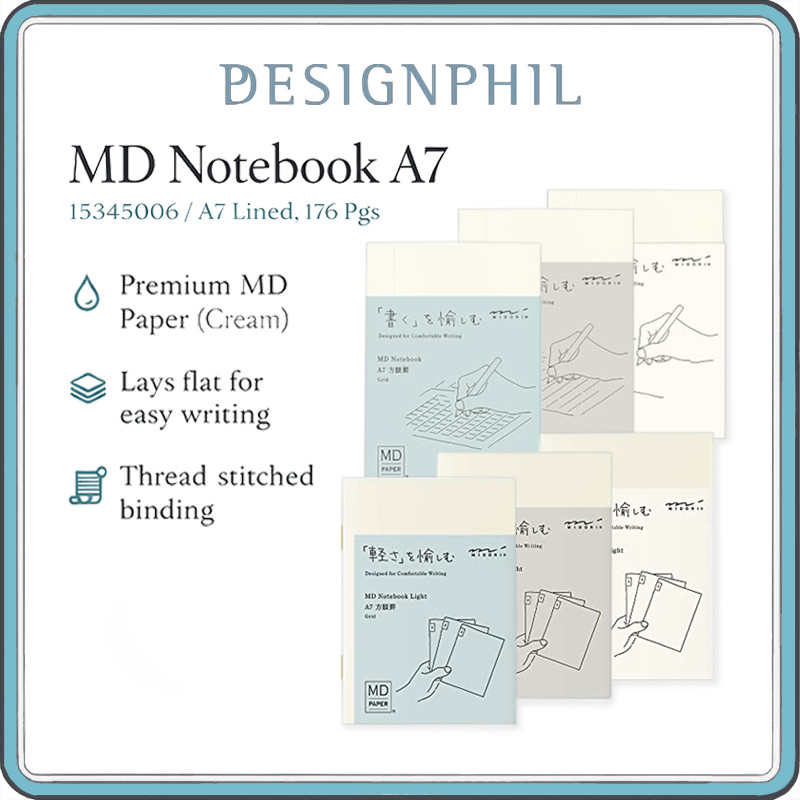 MIDORI MD Notebook A7 – 176 Pages or Light 3 Pack (48 Pages Each) – Lined, Grid or Blank – Thread St
