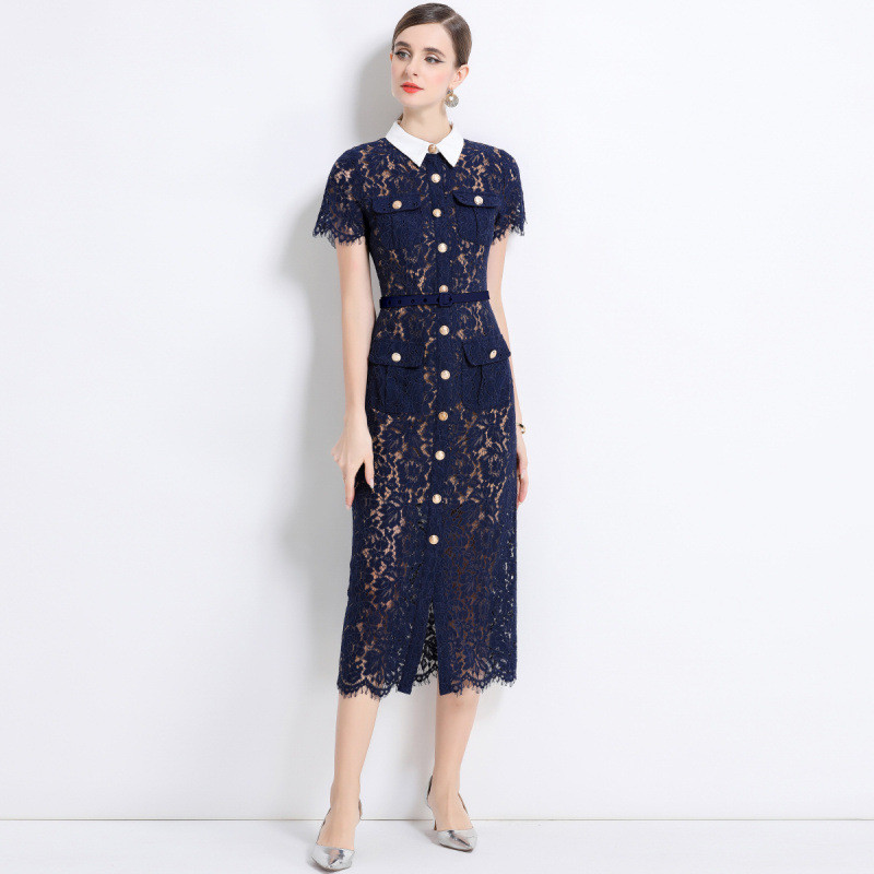 Navy blue doll collar dress with metal buttons, French-style water-soluble lace, elegant tea-time lo