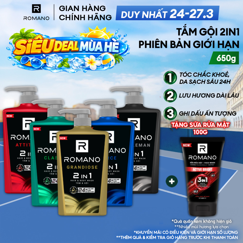 Tắm gội cho nam 2 trong 1 hương Nước hoa nam Romano 2in1 650g/chai + Tặng kèm Sữa rửa mặt 100g