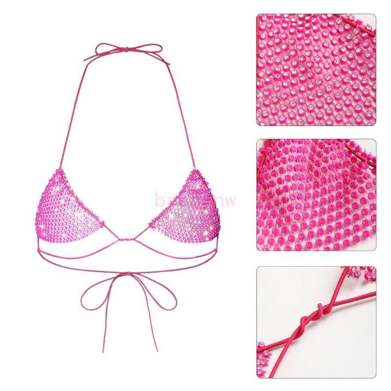 Áo Camisole Magenta Không Tay Với Họa Tiết Lưới Cá Và Kim Cương Giả