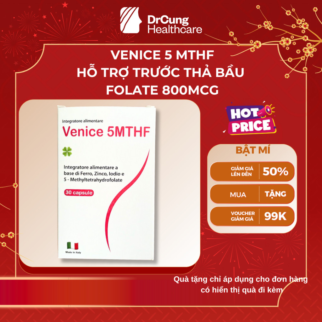 Venice 5-MTHF - Bổ Sung Sắt, 5MTHF Hỗ Trợ Giảm Nguy Cơ Thiếu Máu (Hộp 30 Viên)