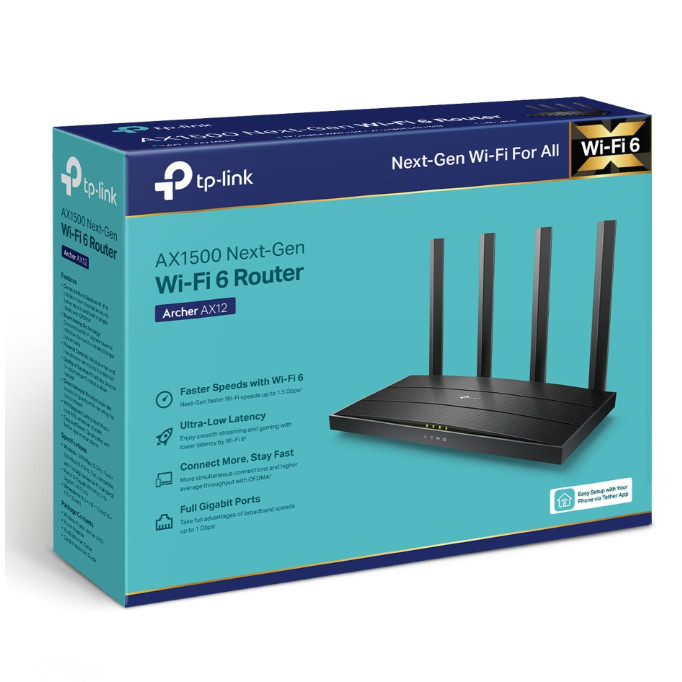Phát Wifi TP-Link Archer AX12 Wifi 6 Chính hãng (4 anten, 1501Mbps, 2 băng tần, 4LAN 1Gbps)